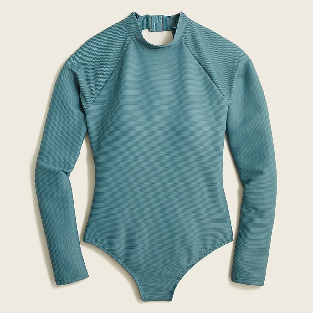 BNWT NEW J.Crew made Active ribbed long-sleeve one-piece bathing swim suit top 4